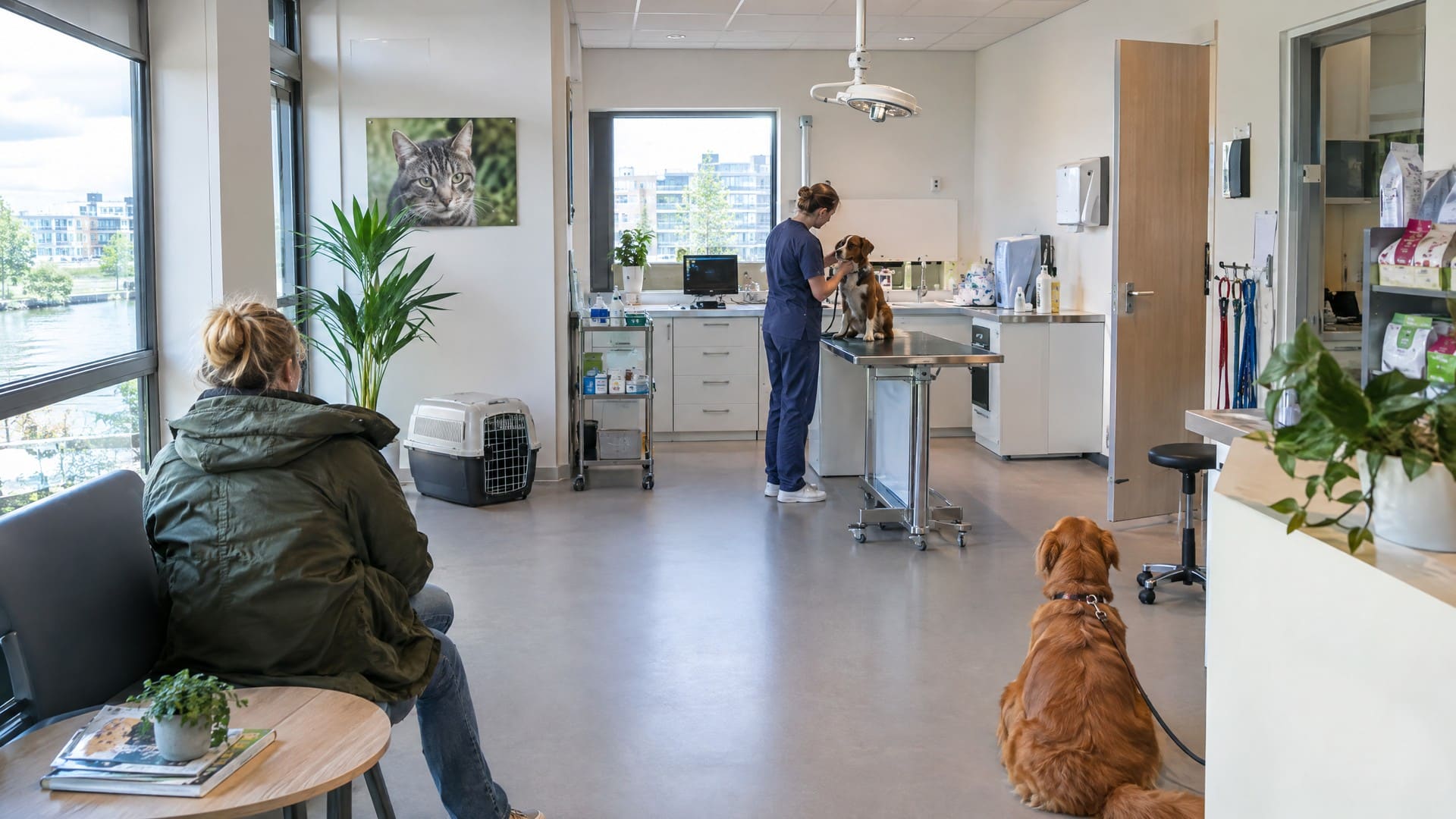 Een dierenarts onderzoekt een hond op de behandeltafel in een lichte dierenkliniek, met een wachtende hond en zijn eigenaar op de voorgrond
